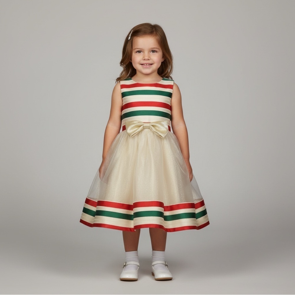 Bonnie Jean Sleeveless Holiday Christmas Stripe Metallic Gold Party Dress 2T
